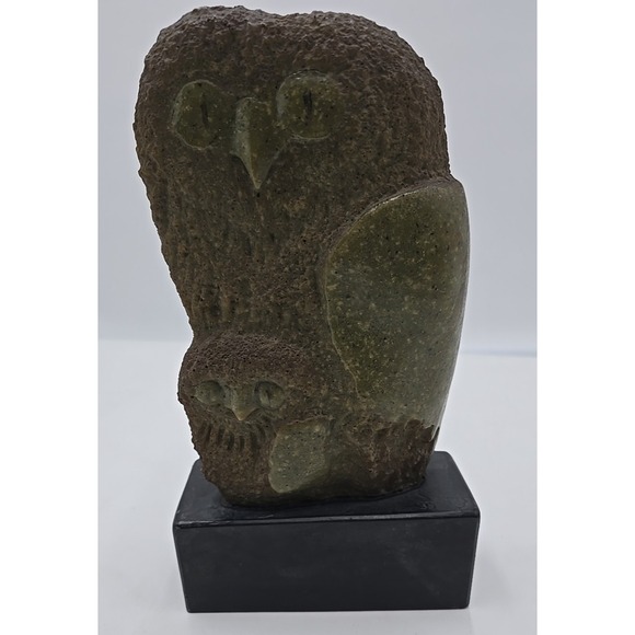 Frank‎ Eliscu signed Olive Green Owl Sculpture and base "Owl Mother And Chick" - Picture 4 of 12